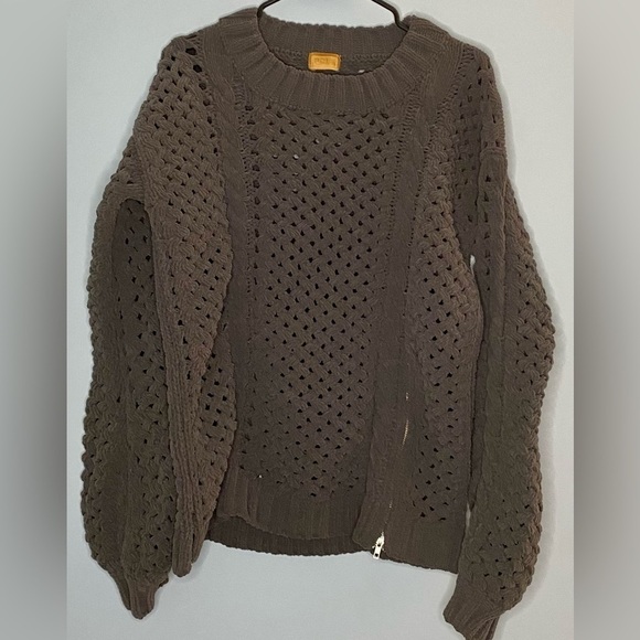 Anthropologie POL Chunky Sweater Open Weave Dark Gray Medium Zipper Accent - Picture 1 of 5